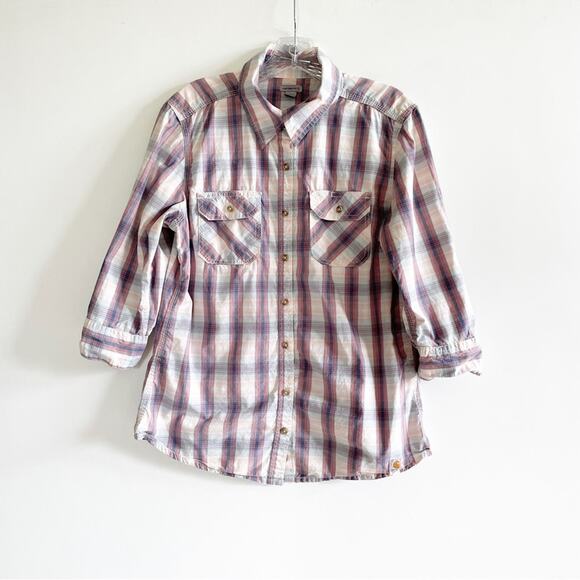 Carhartt 3/4” Roll Tab Sleeve Plaid Button Down Top - Picture 2 of 6
